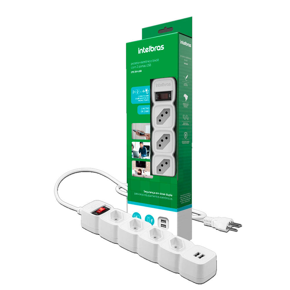 Filtro de Linha, Protetor Eletrônico Intelbras 4 Tomadas, 2 USB, EPE 204 USB BR - Branco