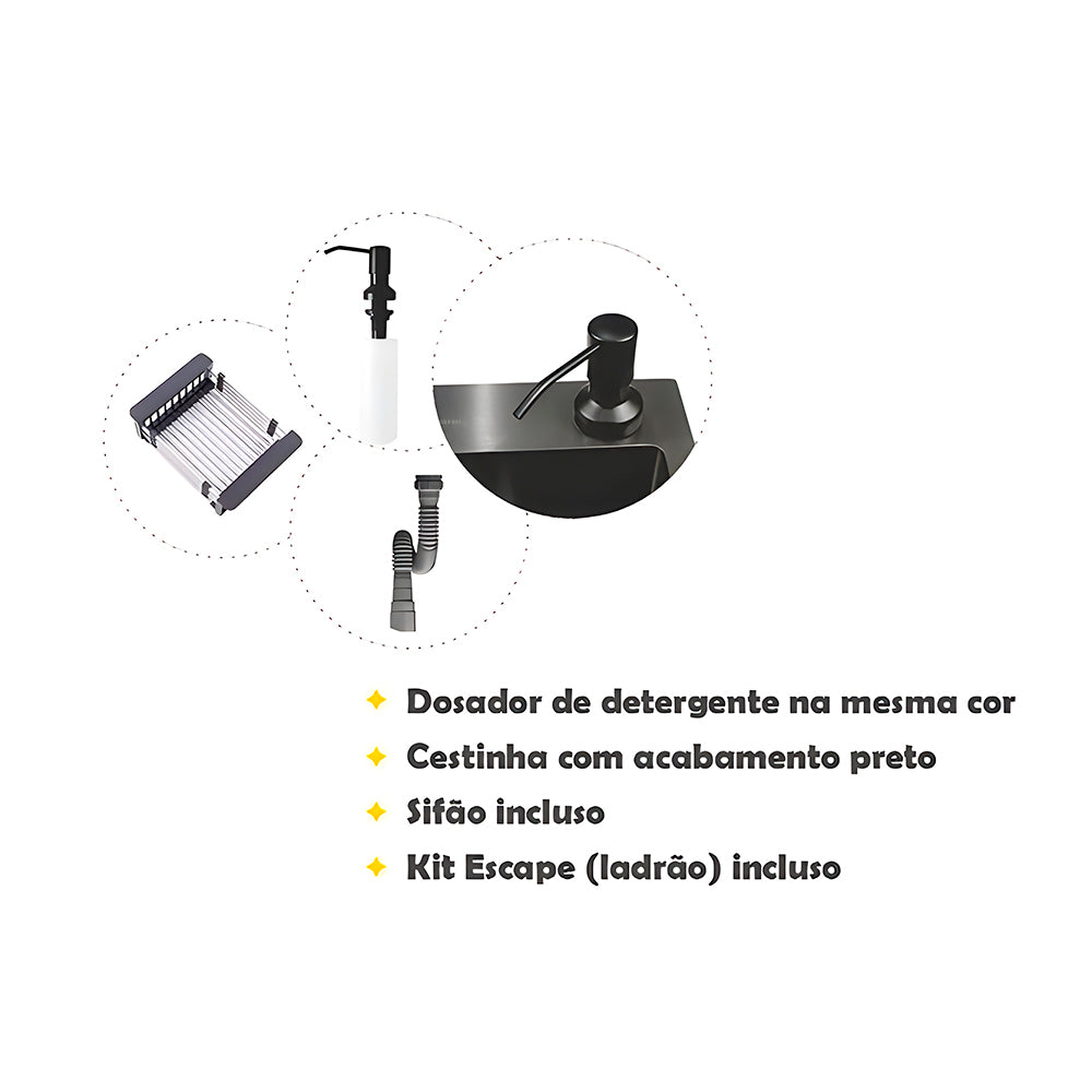 Cuba Pia Dupla Gourmet Preta Cozinha Aço Inox Com Acessórios