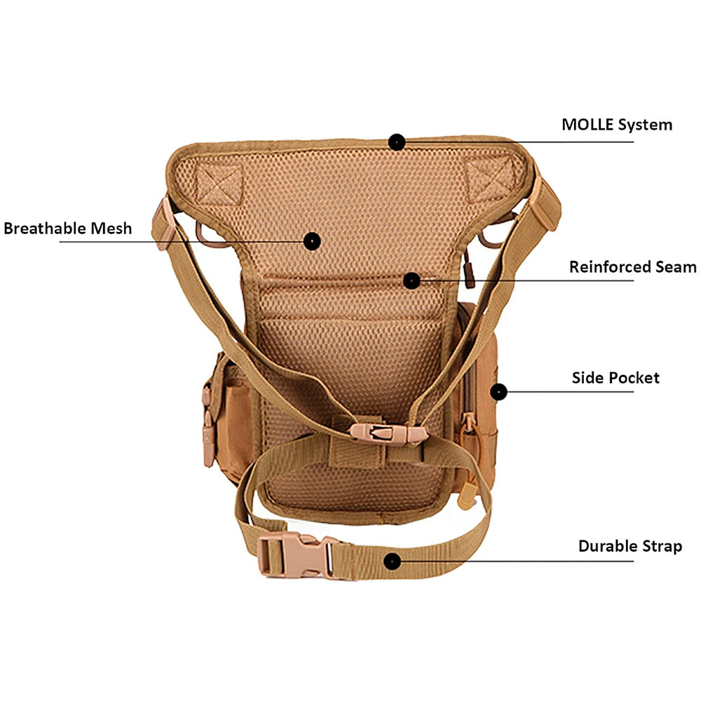 Pochete de Perna, Militar Com 7 Bolsos, Impermeável Com Ajuste de Tamanho, Multiuso - Bege