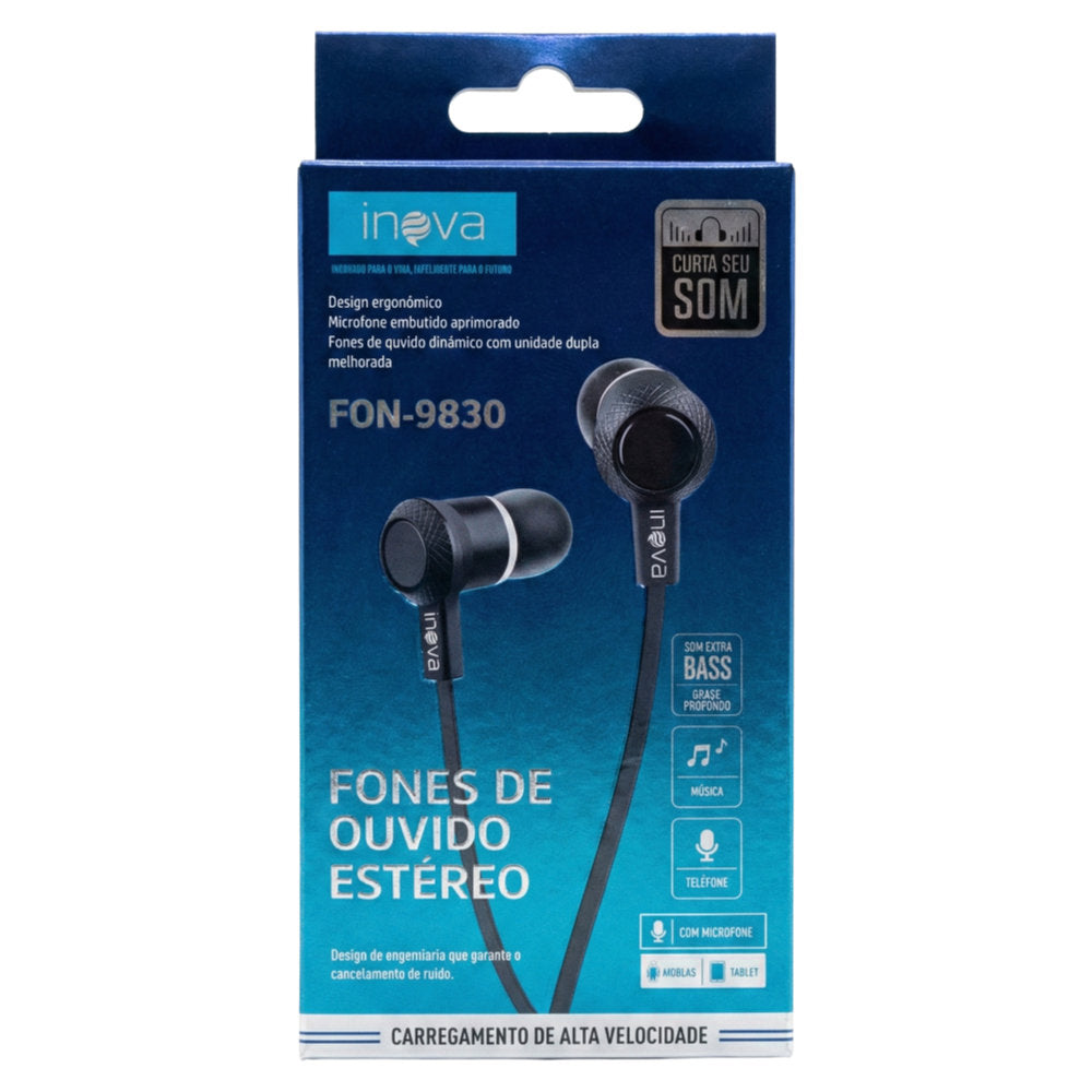 Fone Inova Fon-9830, Preto, Som Estéreo Alta Fidelidade, Com Fio, P2