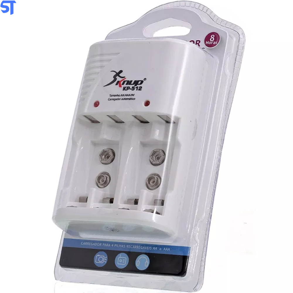 Carregador De Pilhas Recarregáveis AA/AAA/9v Bivolt Auto Stop Knup KP-512