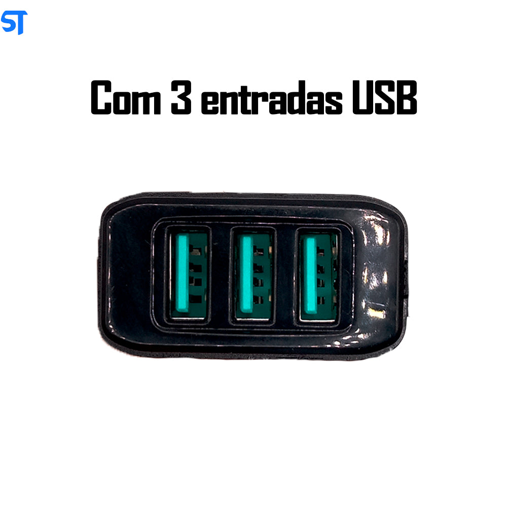 Carregador Rápido V8 Com 3 Portas USB 5.1A Com Carregamento de Alta Velocidade Inova Preto - CAR-9002