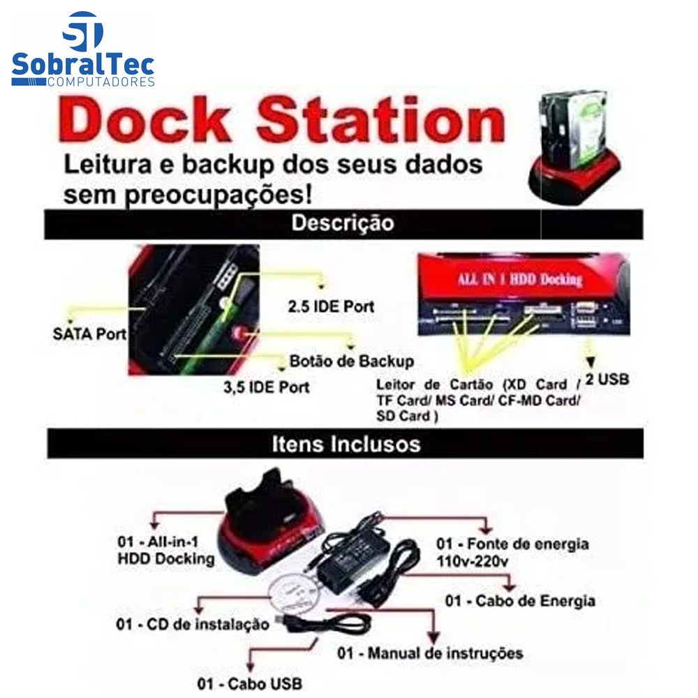 HDD Dock Station USB 2.0 knup KP-HD005 Para HD Sata/Ide 2,5 e 3,5 e Cartões de Memoria