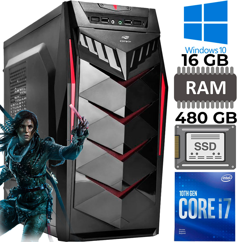 Computador Gamer Core i7-10700, HD SSD 480GB, Memória RAM 16GB DDR4, Placa de Vídeo 1GB, Fonte Real 500W