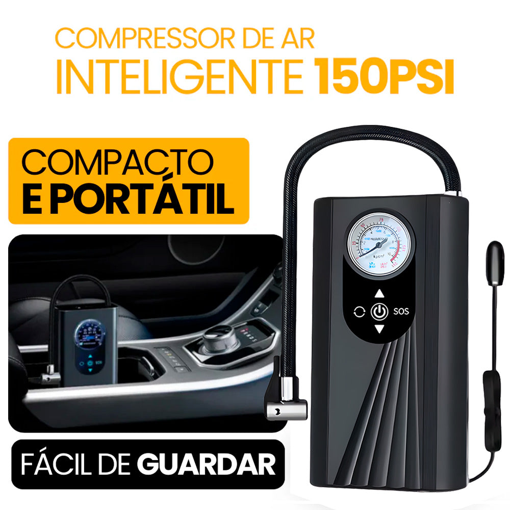 Mini Compressor de Ar, Automotivo, Portátil, Para Moto, Bicicleta, Carro, 150PSI, 4.7V, Preto