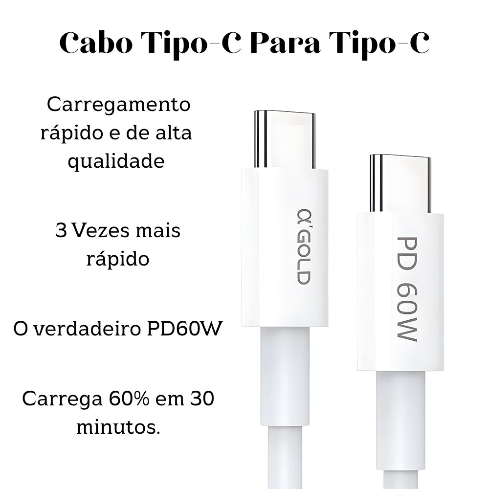 Cabo USB-C Para USB-C, Carga e Dados, 1 Metro de Comprimento, 60W, 9V, 3A, A'Gold, CB-51