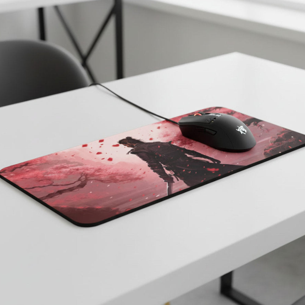 Mouse Pad Gamer 30x70cm, Neoprene Legítimo, Base Antiderrapante, Reliza - Estampa Samurai em Sakura