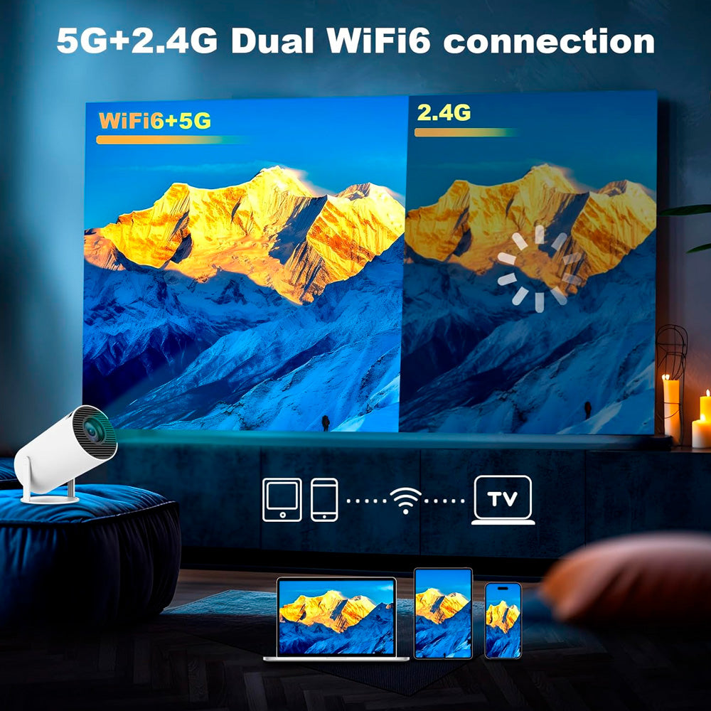Mini Projetor Portatil, WiFi 6, Bluetooth 5.2, Android 11, 2.500 Lumens, LED 4K FHD, HY300 Pro - Branco