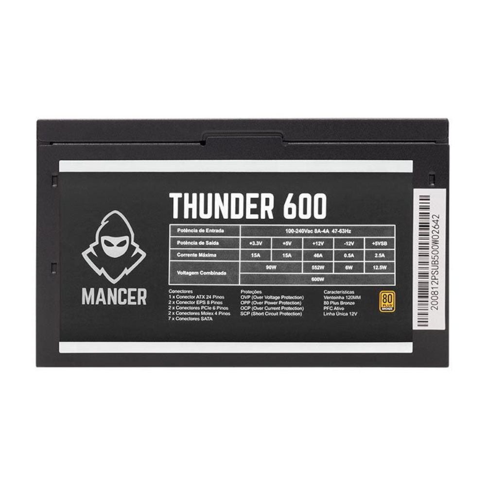Fonte ATX Gamer Mancer Thunder 600W 80 Plus Bronze – PFC Ativo, 24P / 2×EPS / 2×PCIe / 120mm, MCR-THR600-BL01