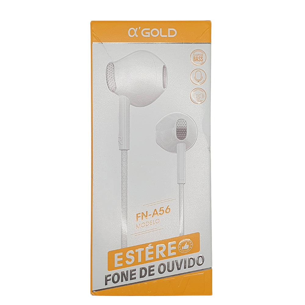 Fone De Ouvido Stereo, Super Bass, Fio 1.2 Metros, A'Gold - FN-A56 Branco