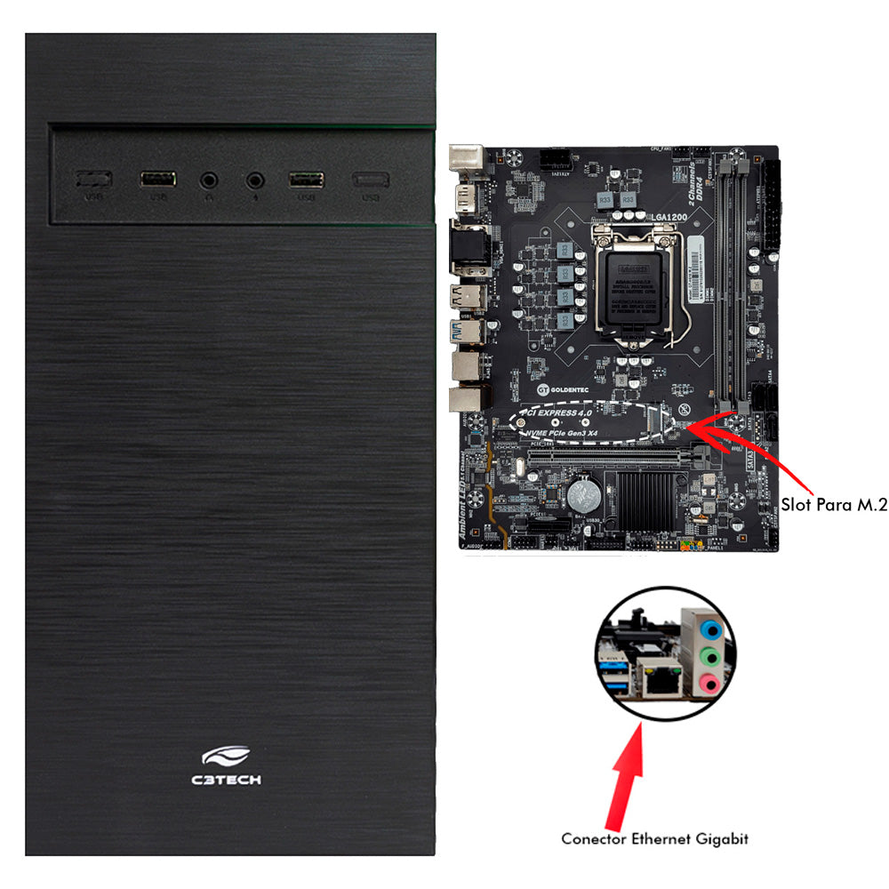 Computador i7-10700, Placa Mãe H510, RAM 16GB, SSD NVME Kingston 500GB, Gab MT-32BK