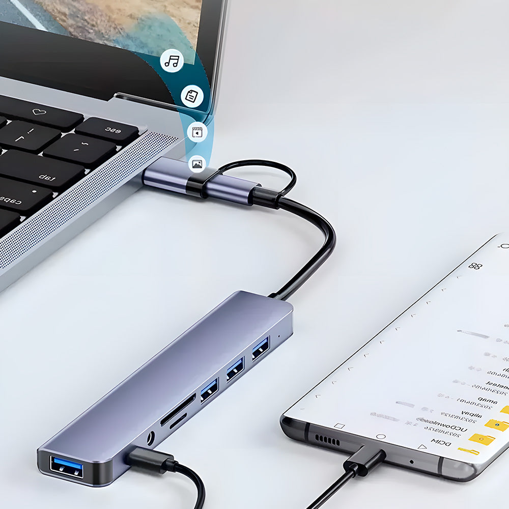 HUB USB 8 em 1, Com Leitor de Cartão, Porta USB-C, USB 3.0 / 2.0, Leitor de Cartão SD/TF, Cinza