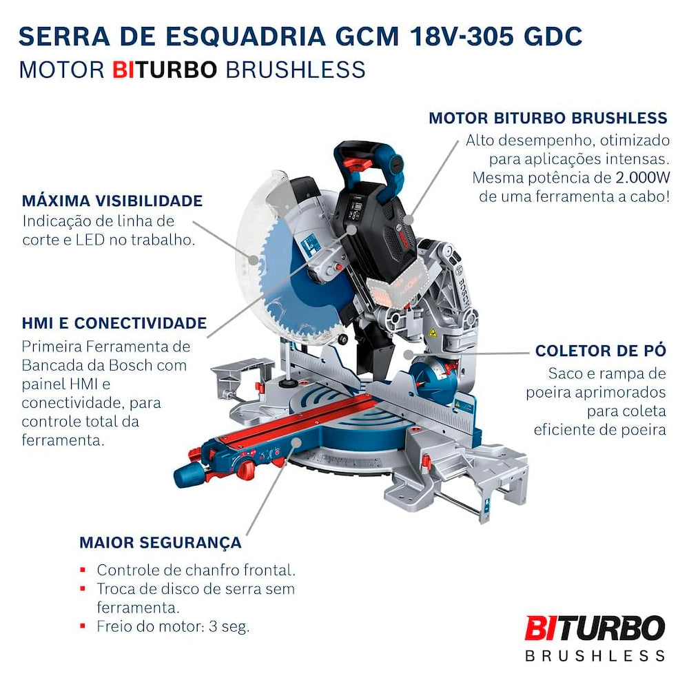 Serra Esquadria Bosch GCM 18v 305 GDC 2000w 18v Sb, Com Disco, Biturbo Brushless, Portátil á Bateria