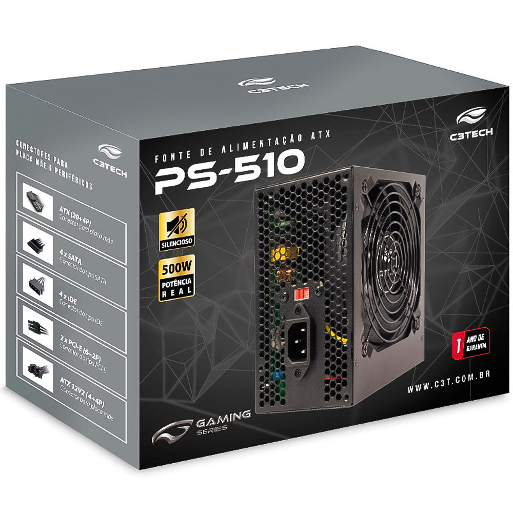 Fonte de Alimentação ATX C3Tech PS-510BK 500W S/ Cabo - Preto