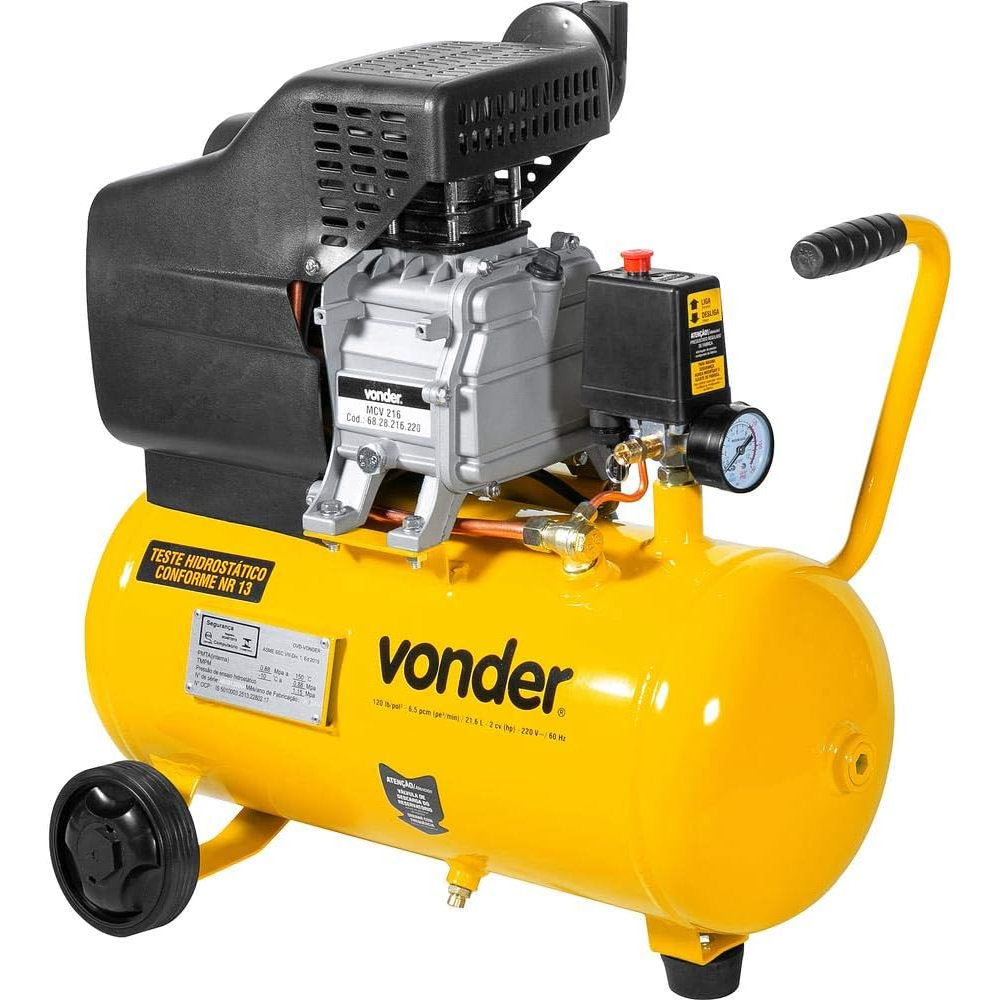Motocompressor de Ar Vonder 220V, 60Hz, 21.6L Com Alças, Rodas, Interruptor Liga/Desliga e Manômetro