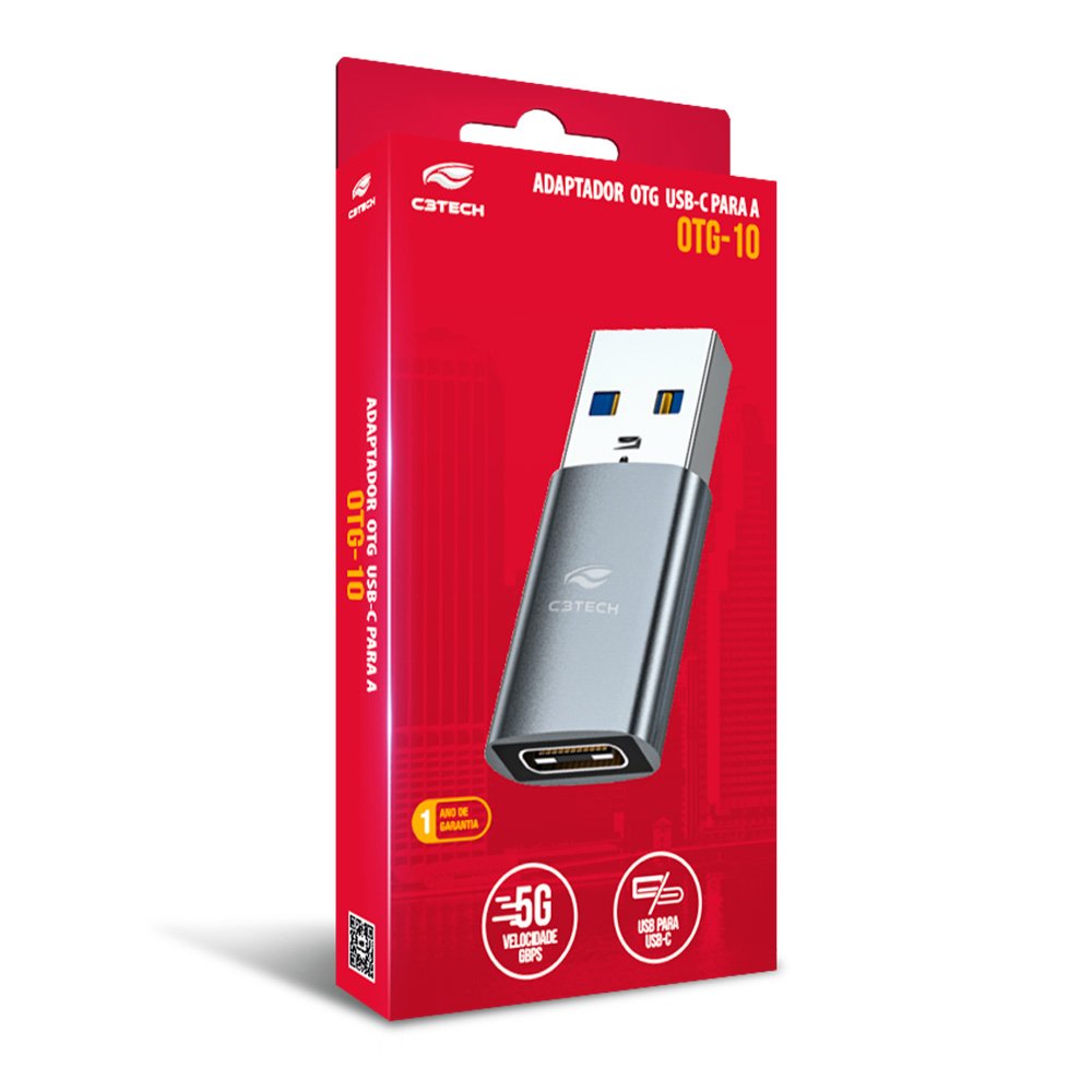 Adaptador OTG-10 C3Tech, USB-A Macho para USB-C Fêmea, USB 3.0 (até 5 Gbps), Suporte a Carregamento Rápido