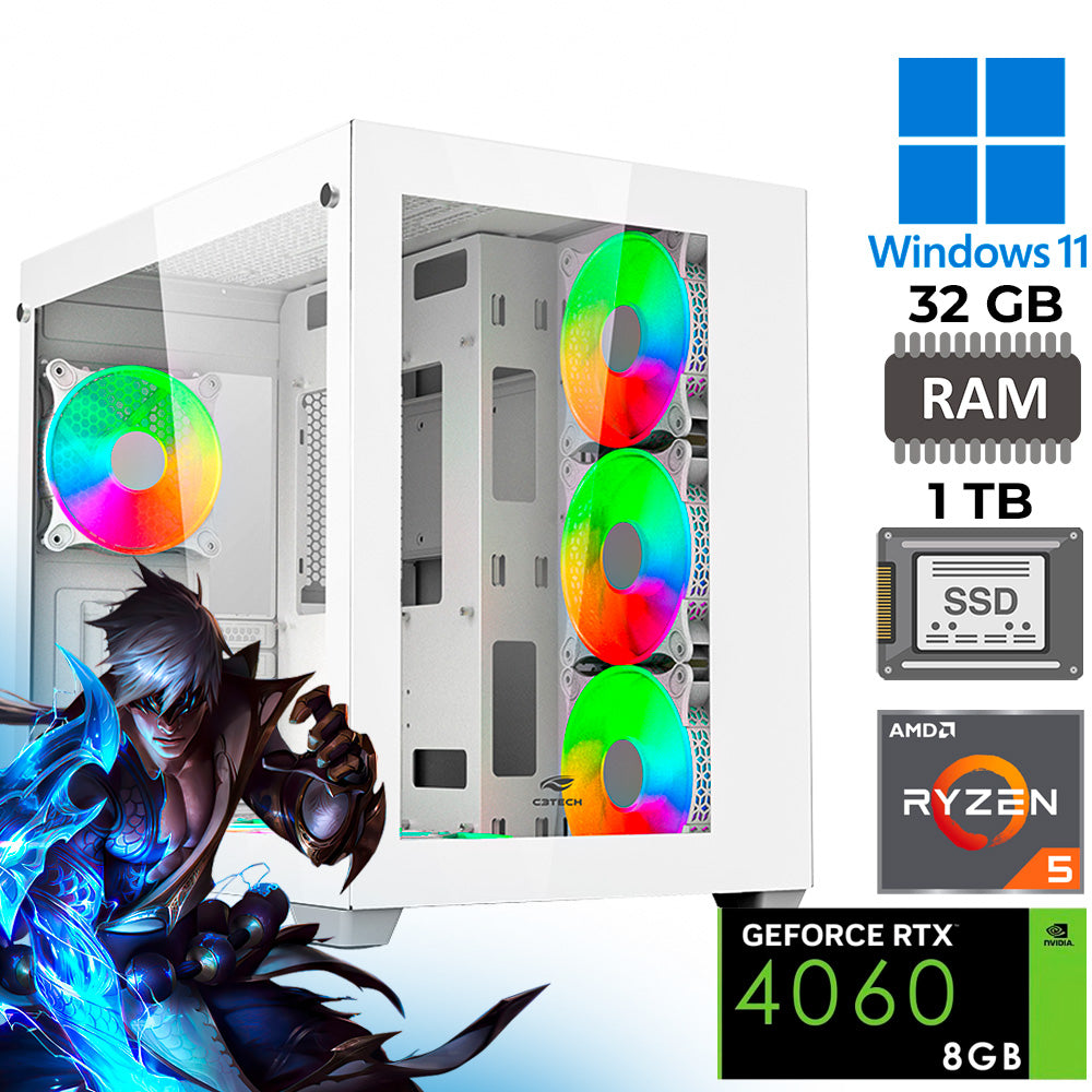 Computador Gamer Aquarius, Ryzen 5 5600XT, 32GB RAM (2x 16GB), Vídeo 8GB RTX 4060, NVMe 1TB, Windows 11