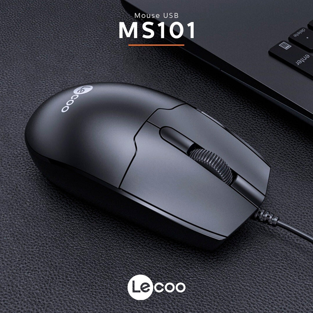 Mouse Ópitco Com Fio USB, Lenovo Lecoo, 1.200 DPI, MS101, Ergonômico, Preto