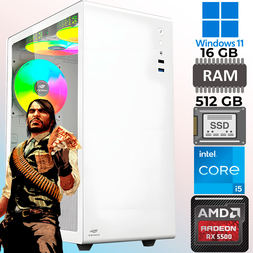 Computador Gamer i5-8400, RAM 16GB, SSD 512GB, Placa de Vídeo RX5500XT-8 GB, Fonte 600w 80 Plus, Gab Com 3 Cooler, Win11