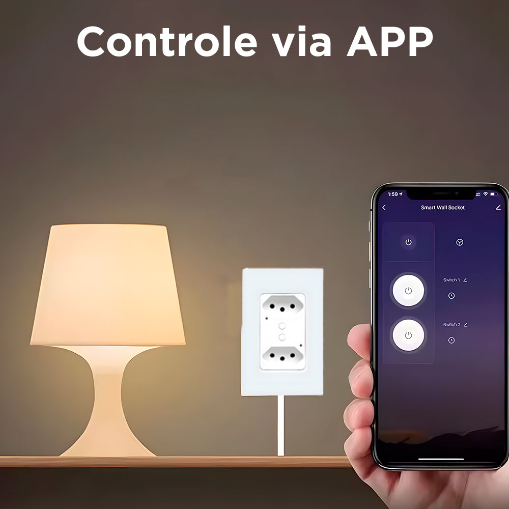 Tomada Dupla Inteligente, 13A, Painel de Vidro Temperado, Compatível Com Alexa e Google Home, Tuya, Branco