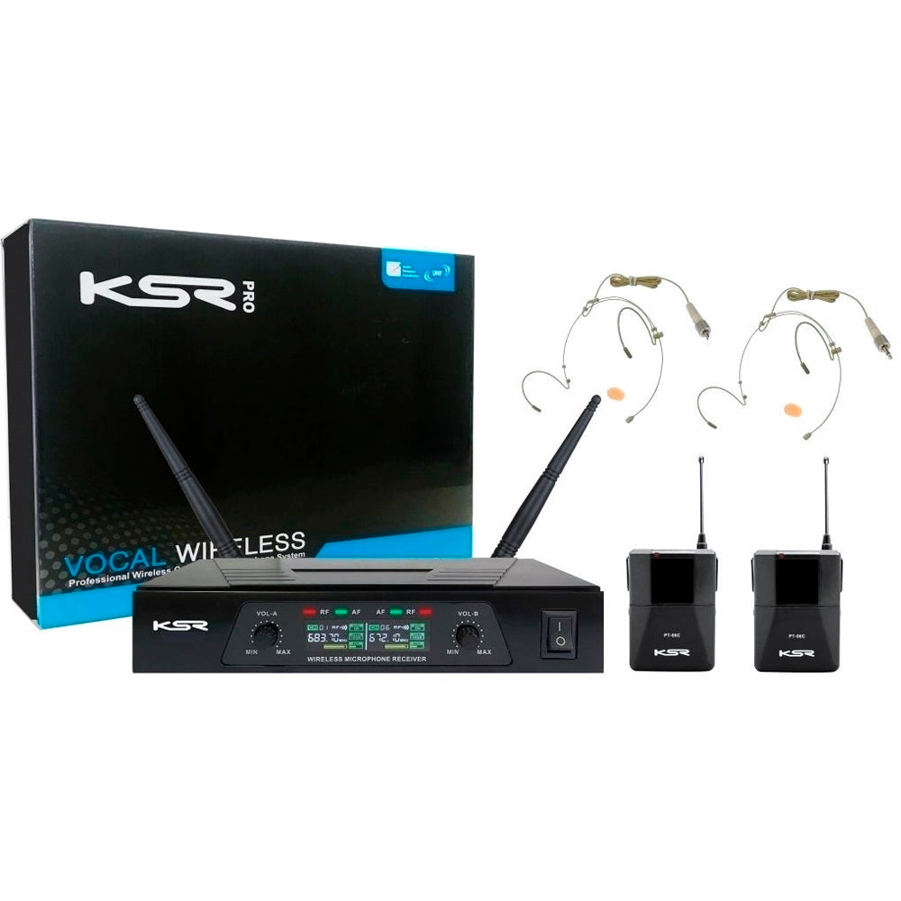 Kit Microfone Headset Sem Fio KSR KT02h + Receptor UHF Com 2 Antenas Com 2 Headset Kt3a e Transmissores