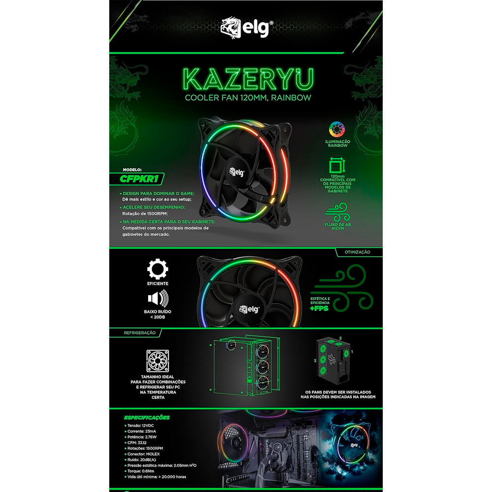Cooler Fan Gamer, 120mm, Kazeryu Pro, 1.500RPM, LED Rainbow, Baixo Ruído, CFPKR1, Preto, ELG
