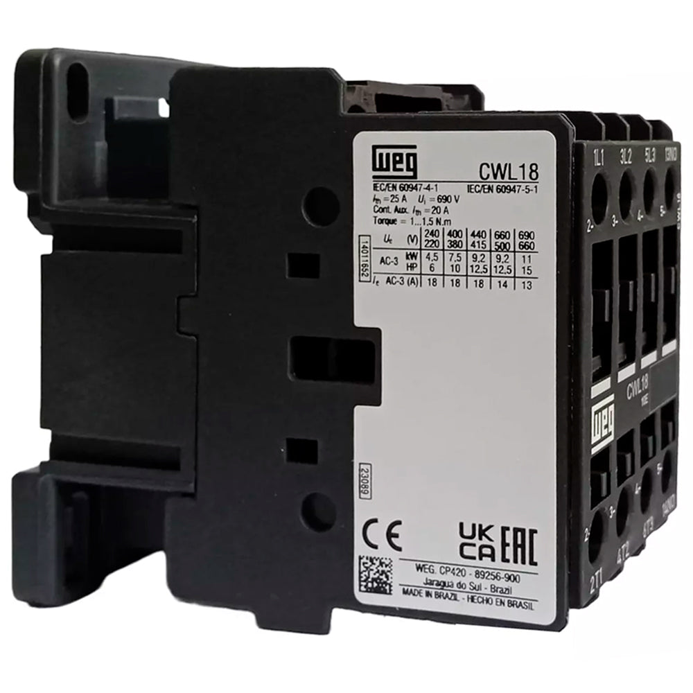 Contator Tripolar 18A, 380V, CWL18-10-30D33 - WEG