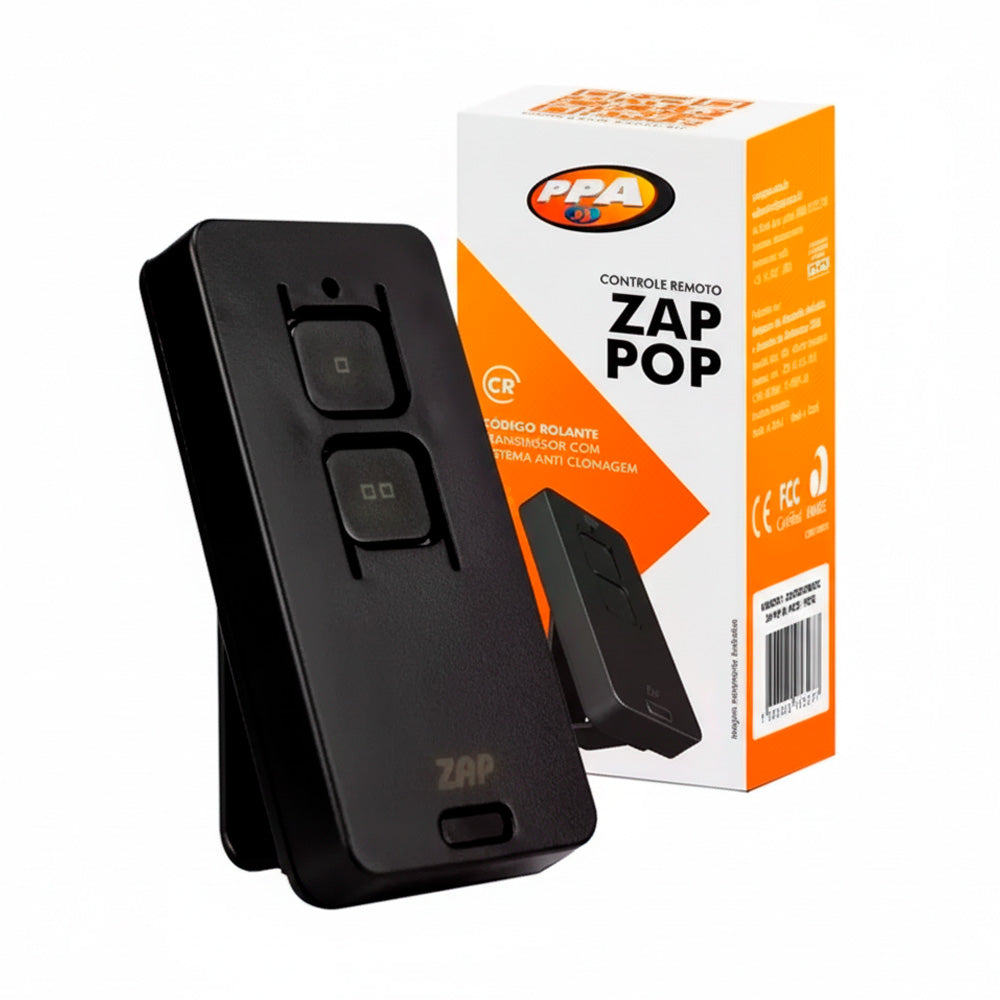 Controle Remoto PPA ZAP POP 2B Preto 433,92 MHz, Compatível Motor Garen, Sistema Anti Clonagem, Código Rolante