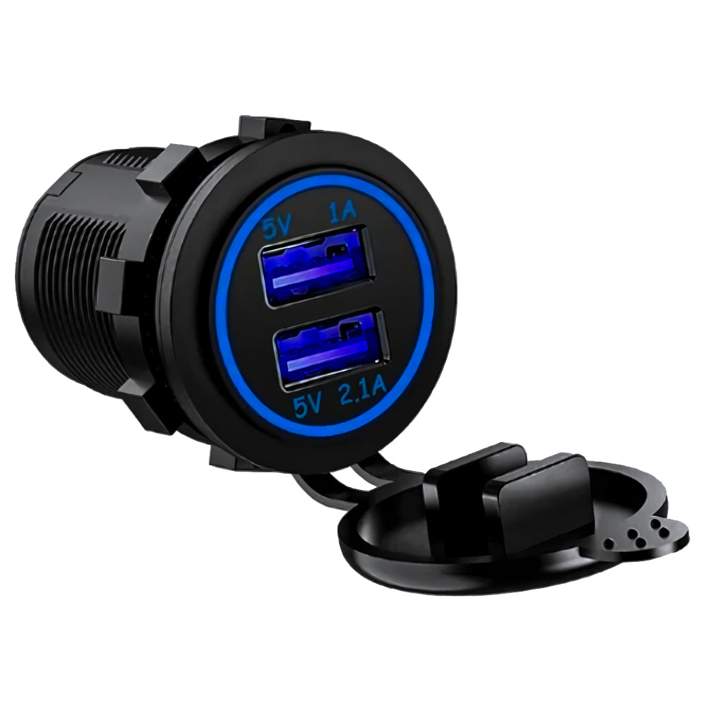 Tomada Carregador Veicular 12-24V, Com 2 Saídas de Carregamento, 1A e 2.1A, Preto