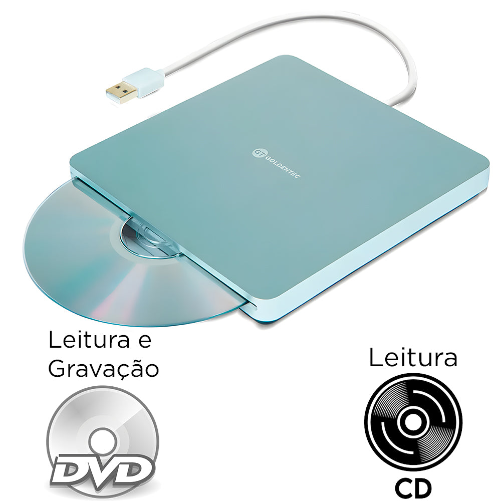 Gravador de DVD Externo, Leitura de CD/DVD, Portátil Slim USB, GT Slot In, Goldentec, Prata