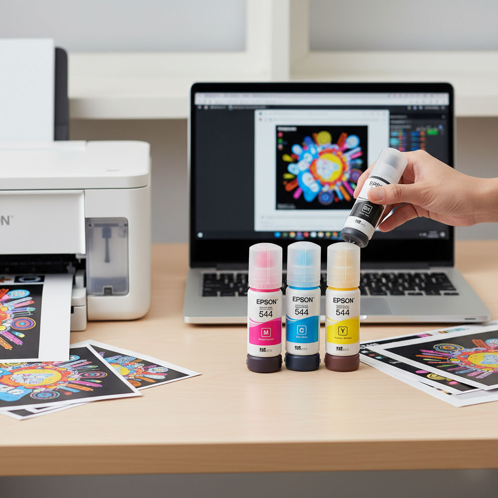 Kit Refil de Tinta 4 Cores Epson 544 - Preto, Amarelo, Ciano e Magenta, Para L1110/L1210/L3110/L3150 (Caixa Com 4 Cores)