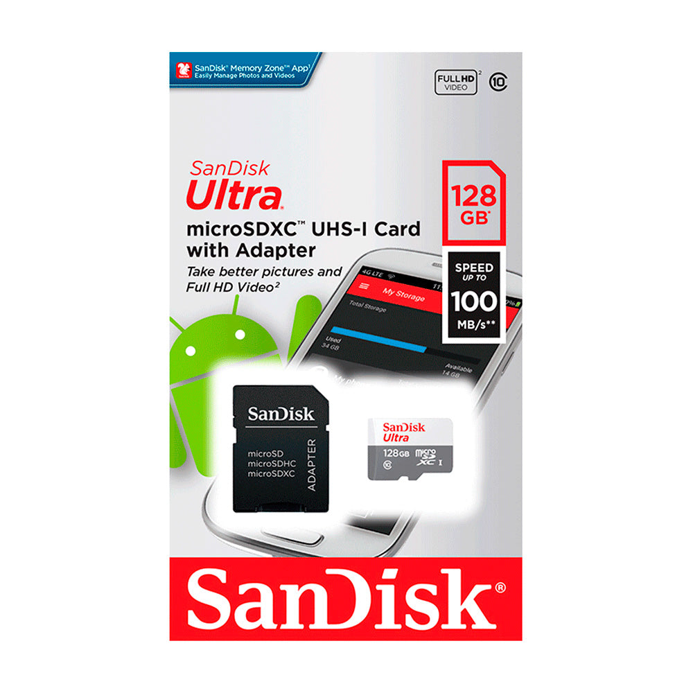 Cartão de Memória SanDisk Ultra, SDSQUNR, 128G, GN3MA, Micro SDXC, Com Adaptador SD