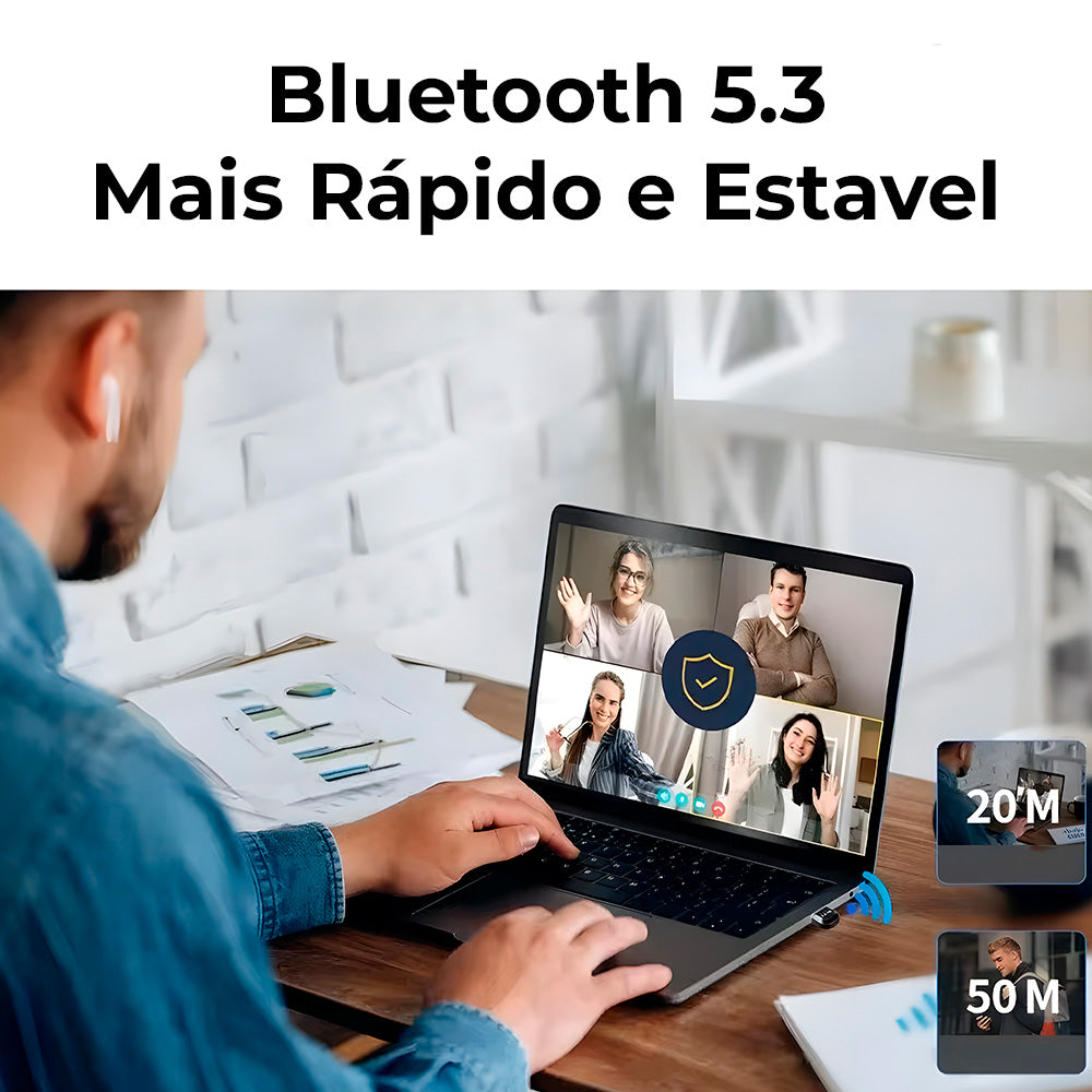 Adaptador Bluetooth 5.3 USB Dongle 3Mbps, Wireless Sem Fio, Receptor de Aúdio - Preto