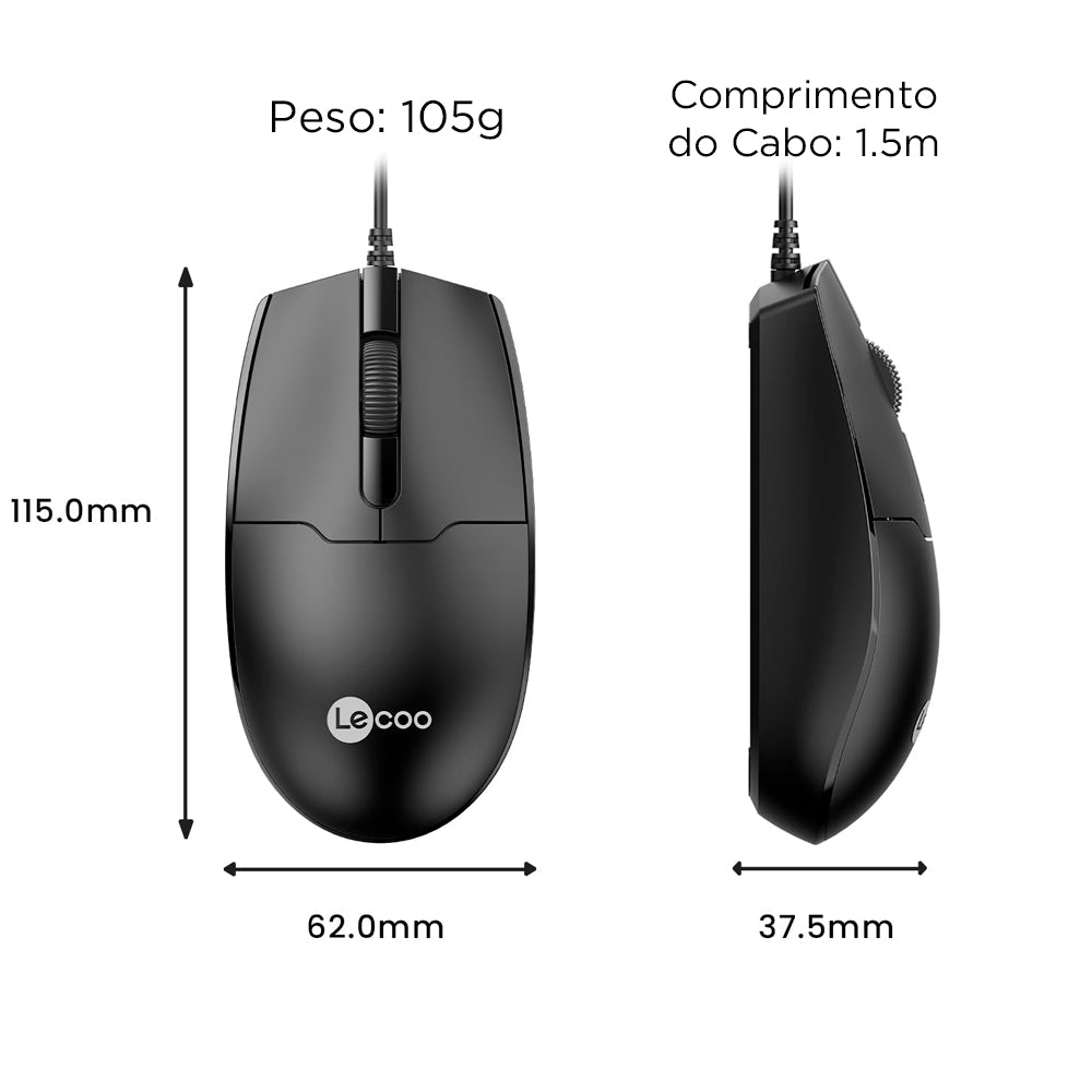 Mouse Ópitco Com Fio USB, Lenovo Lecoo, 1.200 DPI, MS101, Ergonômico, Preto