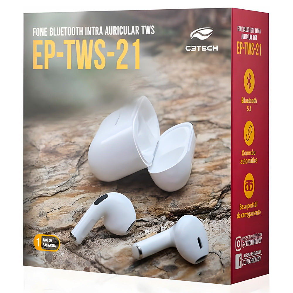 Fone de Ouvido Sem Fio, Bluetooth, C3Tech, EP-TWS-21BK, Preto