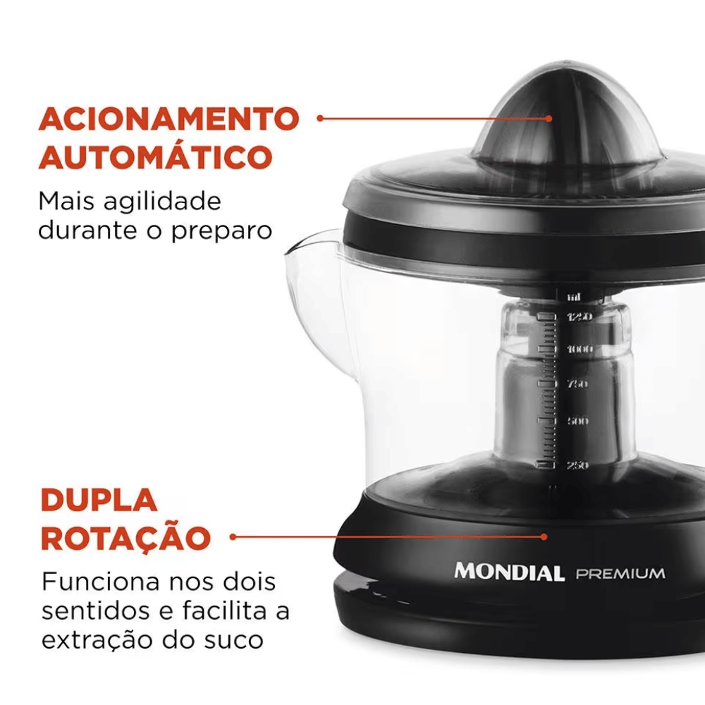 Espremedor de Frutas Mondial E-02 Premium - Elétrico 30W 1,25L Automático