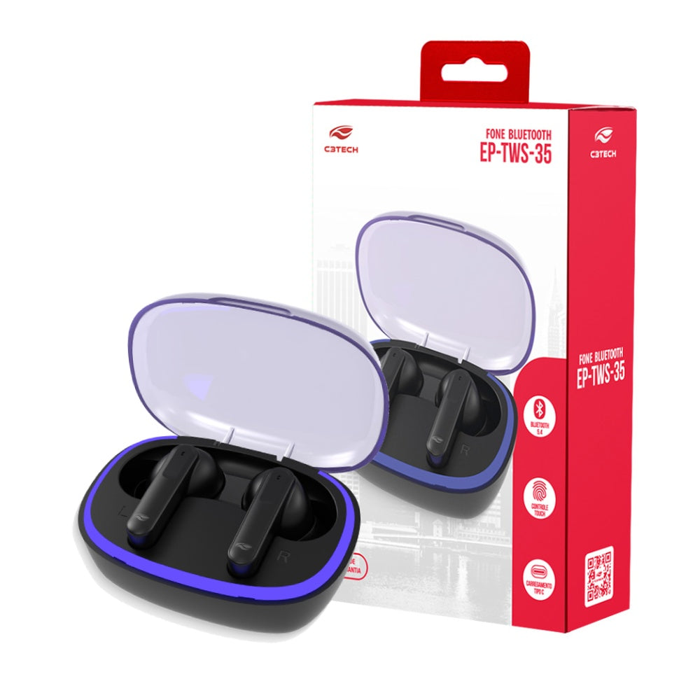 Fone de Ouvido C3Tech Sem Fio, In-Ear, Bluetooth 5.3, EPS-TWS-35BK - Preto