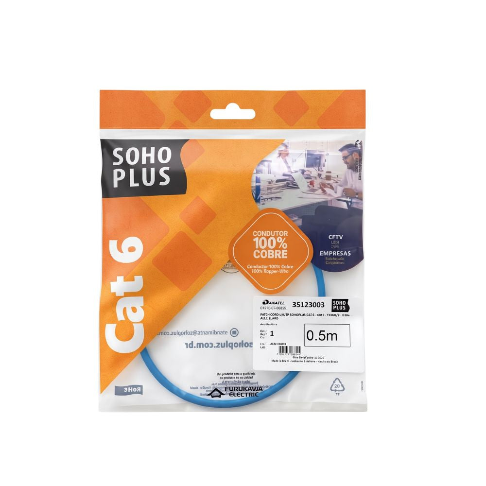 Patch Cord U/UTP CAT.6  0.5 Metro (50cm) Azul Claro