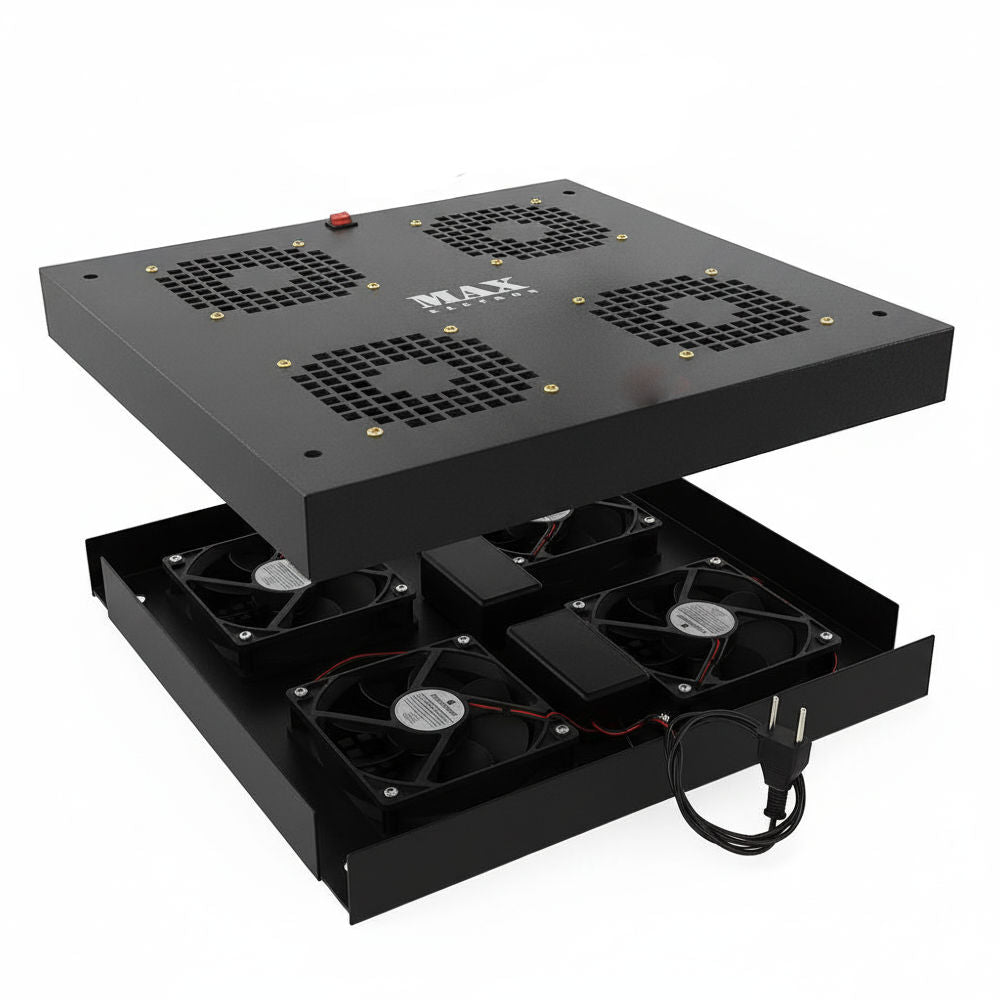 Kit Ventilação Forçada Rack 19" 1U 4 Coolers, Bivolt 110/220V, Chapa Aço Epóxi, Rolamento Blindado Max Eletron