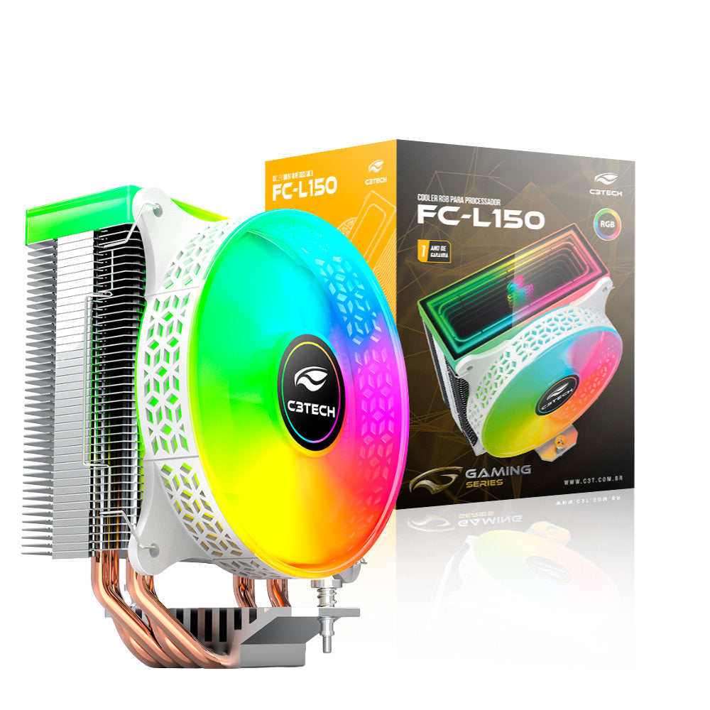 Cooler Fan CPU FC-L150RGB C3Tech, 120mm, 4 Heatpipes, RGB Espelho Infinito, 1600RPM, 50CFM, Intel/AMD - Branco