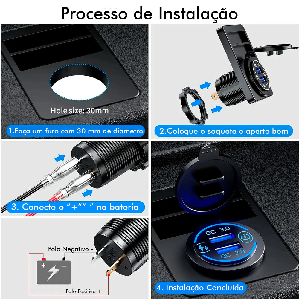 Carregador Veicular Com Duas Entradas USB (QC) 3.0, Luz Led Verde - Preto