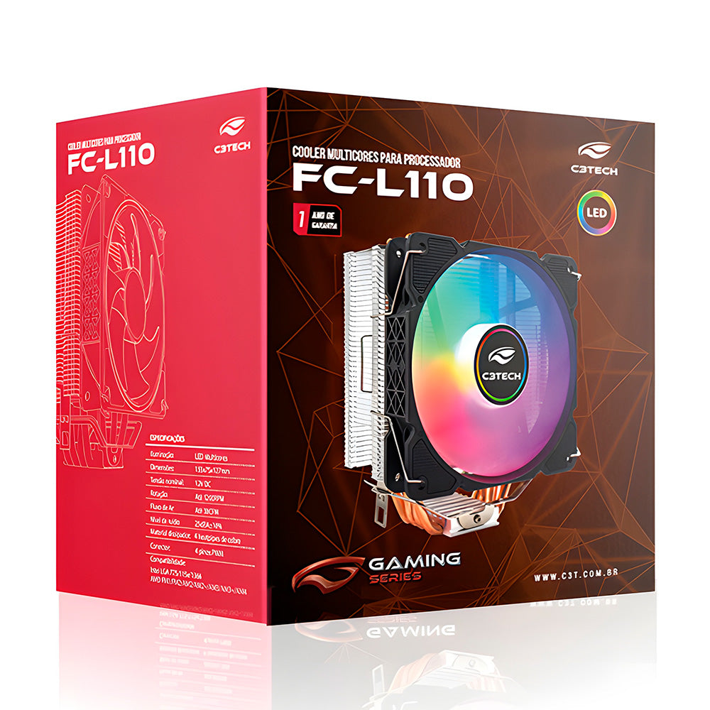 Cooler Fan CPU C3Tech Gaming, RGB, Multicores, 4 Heatpipes de Cobre - FC-L110M