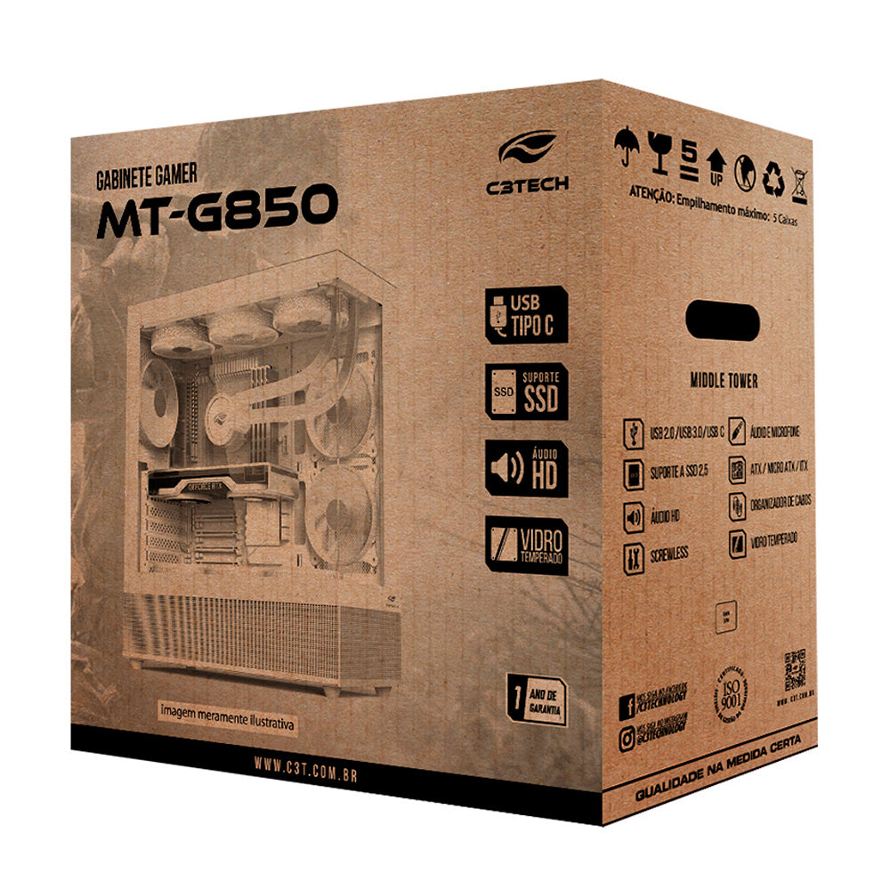 Gabinete Gamer C3Tech Aquarius MT-G850WH, Mid Tower, Lateral e Frontal Em Vidro Temperado, Sem Fonte - Branco