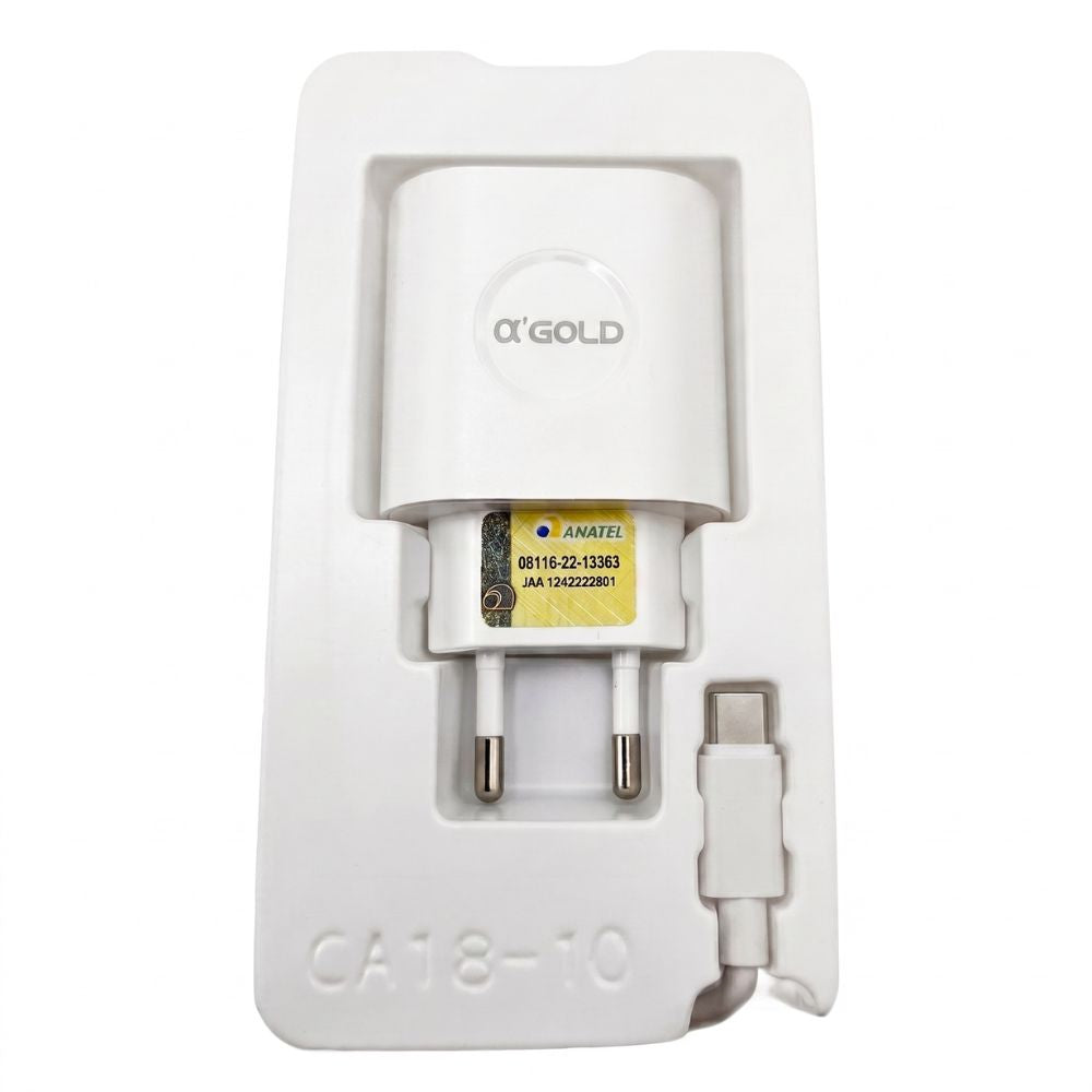 Carregador Rápido 5V Bivolt 2 Entradas USB com Cabo USB-C Universal A'Gold CA18-10, Branco
