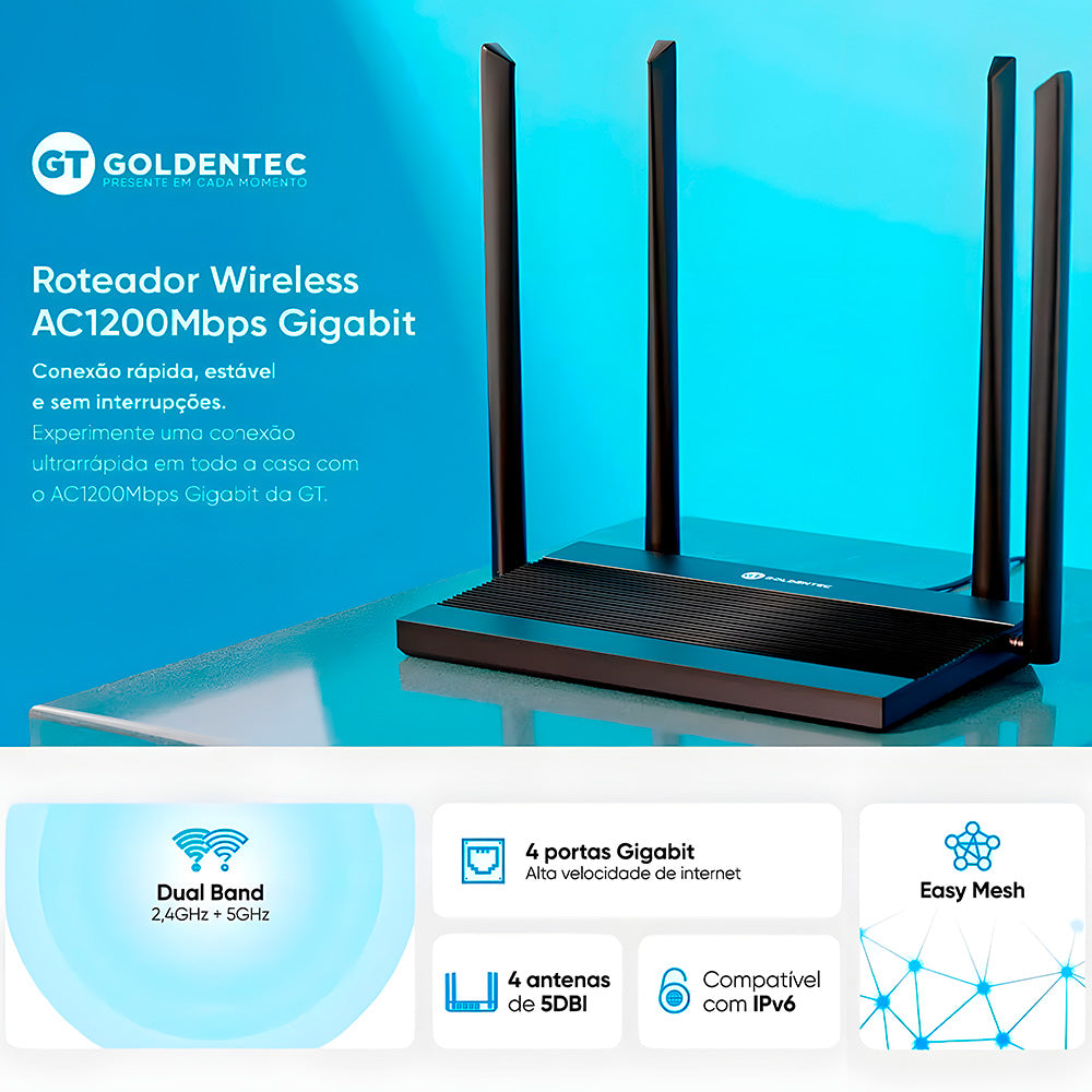 Roteador Wireless Goldentec AC1200, Dual Band 2.4GHz e 5GHz, 4 Portas Gigabit, 4 Antenas 5DBI - Preto
