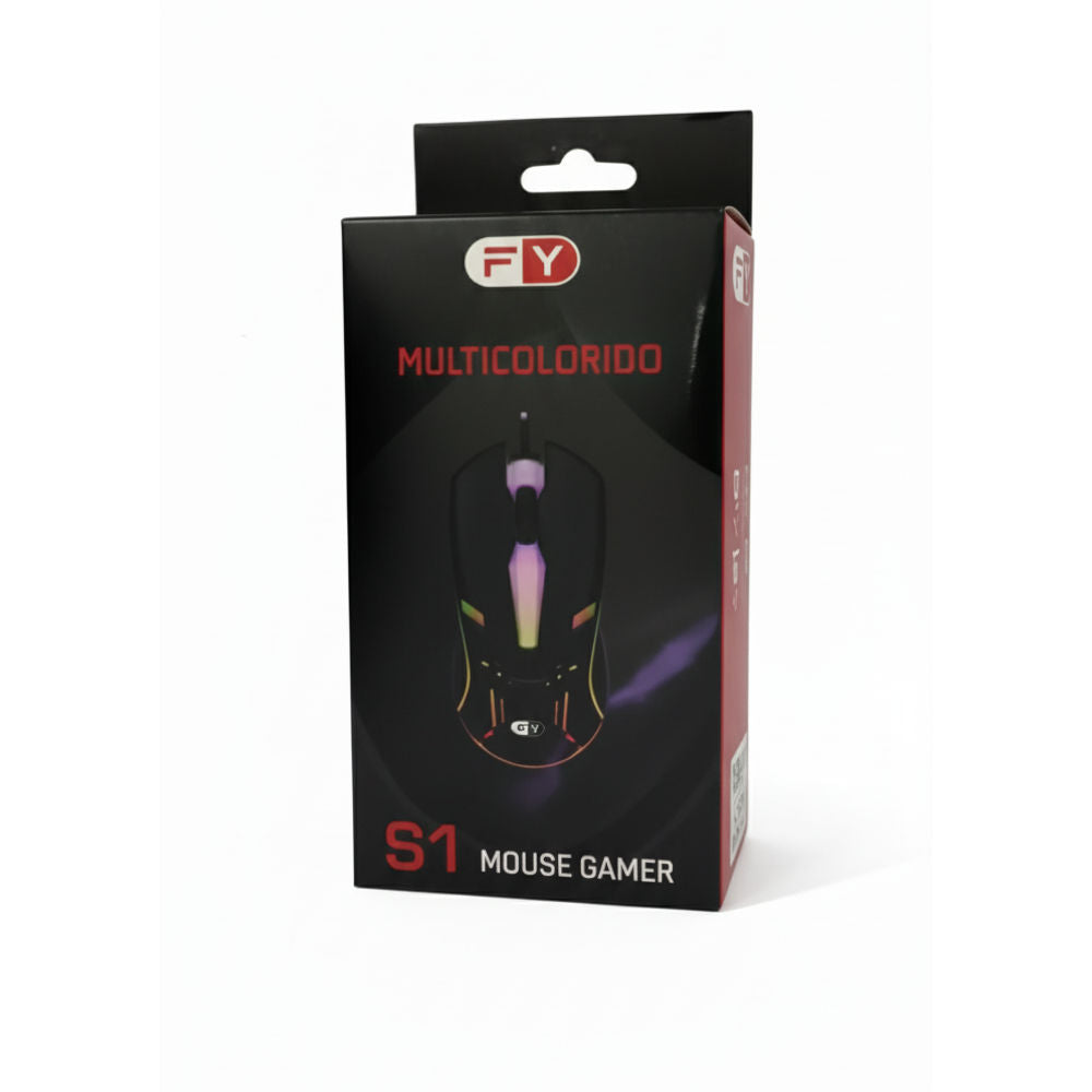 Mouse Gamer com Fio USB S1 FY, Iluminação RGB e Design Ergonômico, Preto