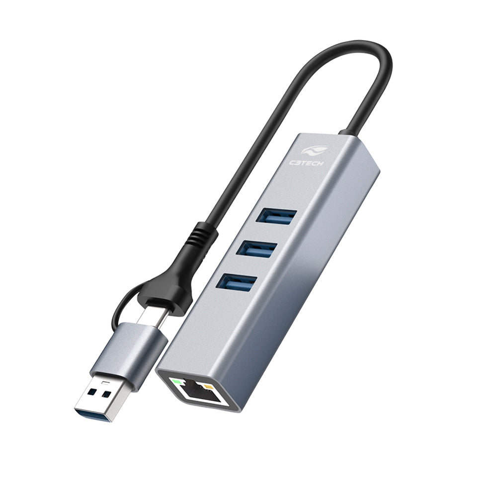 HUB USB-C 3.0 C3Tech HU-LAN1000GY, 4 Portas (3x USB-A 3.0 + RJ-45 Gigabit), Entrada Reversível USB-C/USB-A - Cinza