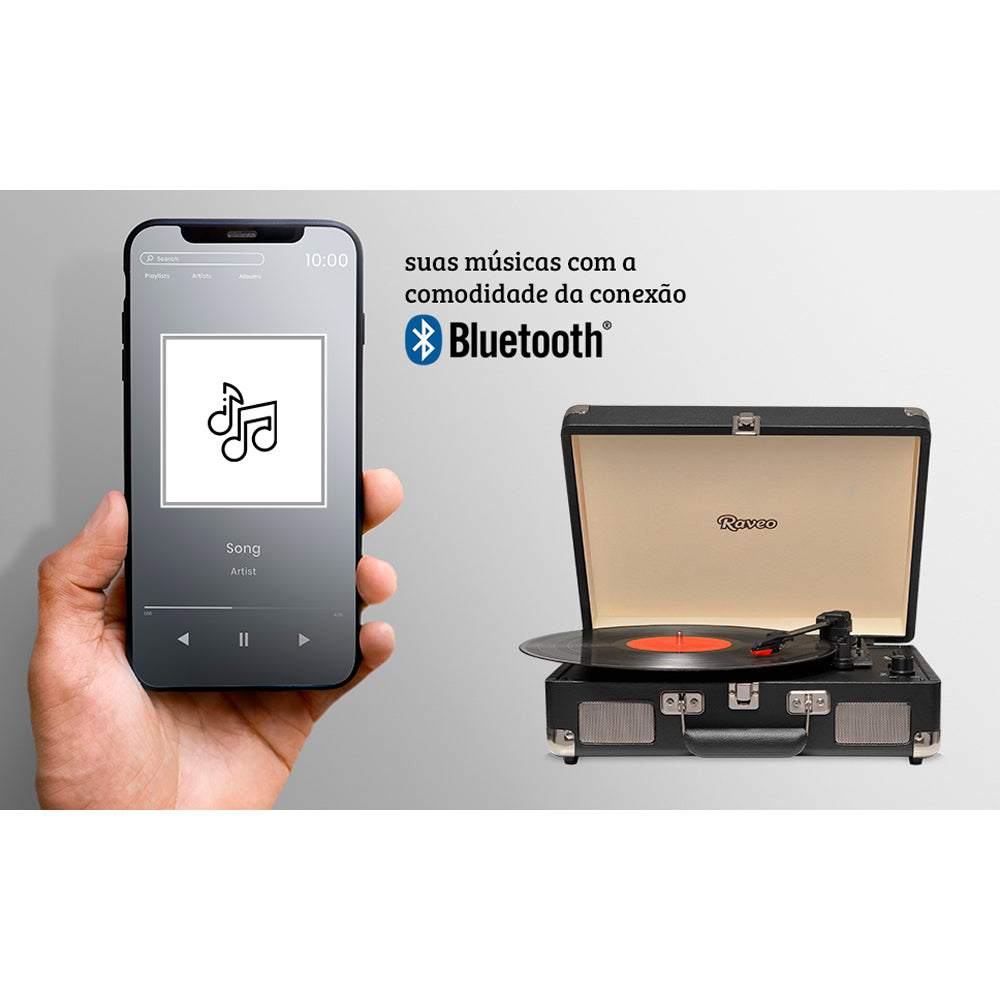 Vitrola Toca-Discos Retrô Raveo Sonetto, Chrome Preta, Com USB e Bluetooth (Reproduz e Grava), Bivolt, 10W, 33/45/78 RPM