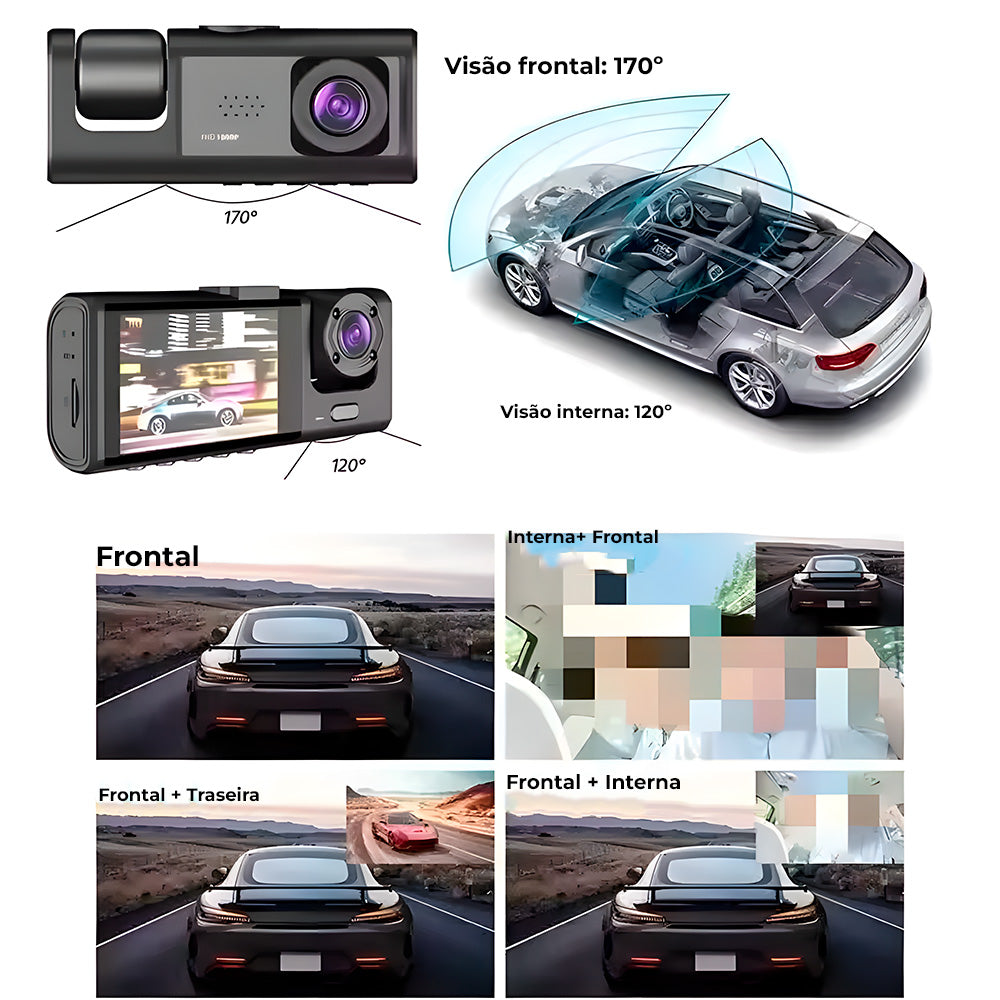 Câmera Dash Veicular, Full HD 1080P, Visão Noturna, Ângulo Amplo 170 Graus, Preto