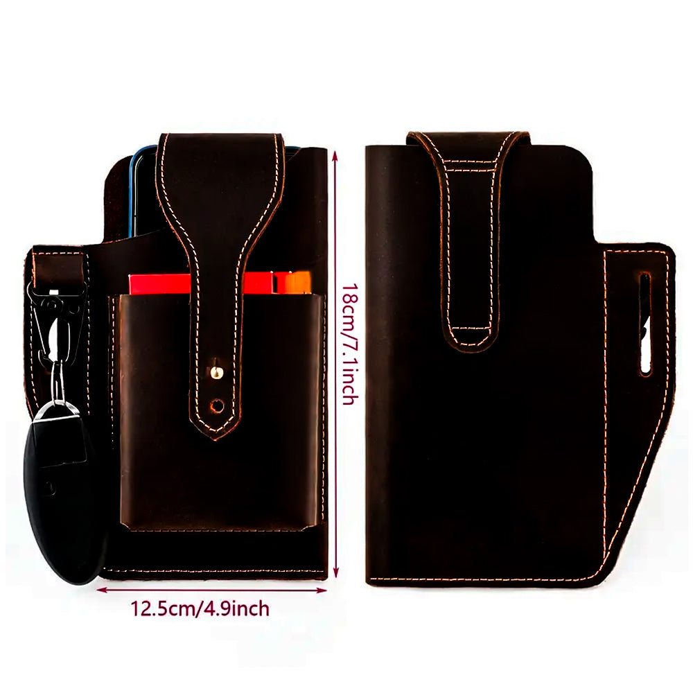 Bolsa De Couro Masculina, Armazenar Celular e Carteira, Suporte Para Chaveiro, Preto